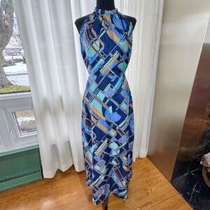 Vintage 60s halter maxi dress, blue orange abstract pattern, Norbert Carlin, 0/2